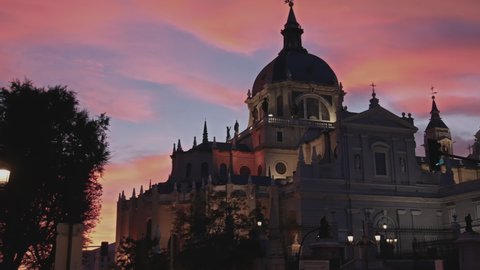 Madrid, Spain, circa 2019: La Almudena Cathedral And The Royal Palace.