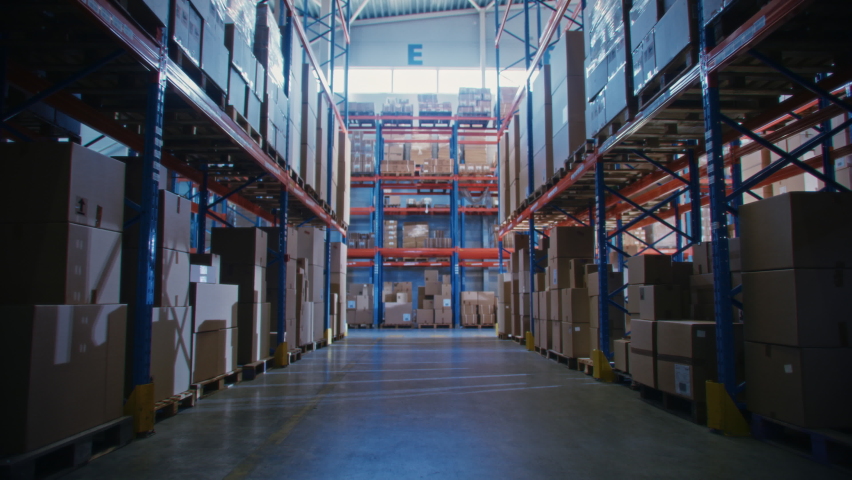 Futuristic Technology Retail Warehouse: Digitalization and Visualization of Industry 4.0 Process that Analyzes Goods, Cardboard Boxes, Products Delivery Infographics in Logistics, Distribution Center | Shutterstock HD Video #1065464989