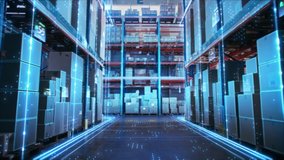 Futuristic Technology Retail Warehouse: Digitalization and Visualization of Industry 4.0 Process that Analyzes Goods, Cardboard Boxes, Products Delivery Infographics in Logistics, Distribution Center - Powered by Shutterstock - Get 15% off with code: PIKWIZARD15