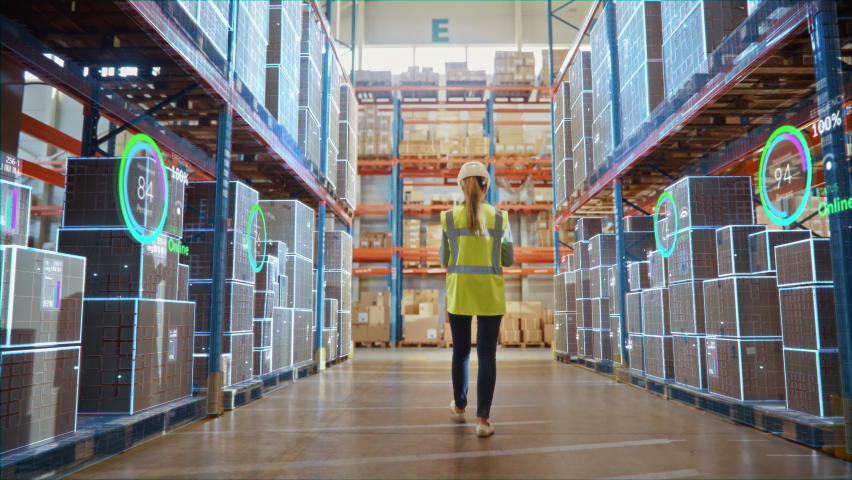 Futuristic Technology Retail Warehouse: Worker Doing Inventory Walks when Digitalization Process Analyzes Goods, Cardboard Boxes, Products with Delivery Infographics in Logistics, Distribution Center Royalty-Free Stock Footage #1065464998
