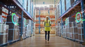 Futuristic Technology Retail Warehouse: Worker Doing Inventory Walks when Digitalization Process Analyzes Goods, Cardboard Boxes, Products with Delivery Infographics in Logistics, Distribution Center - Powered by Shutterstock - Get 15% off with code: PIKWIZARD15