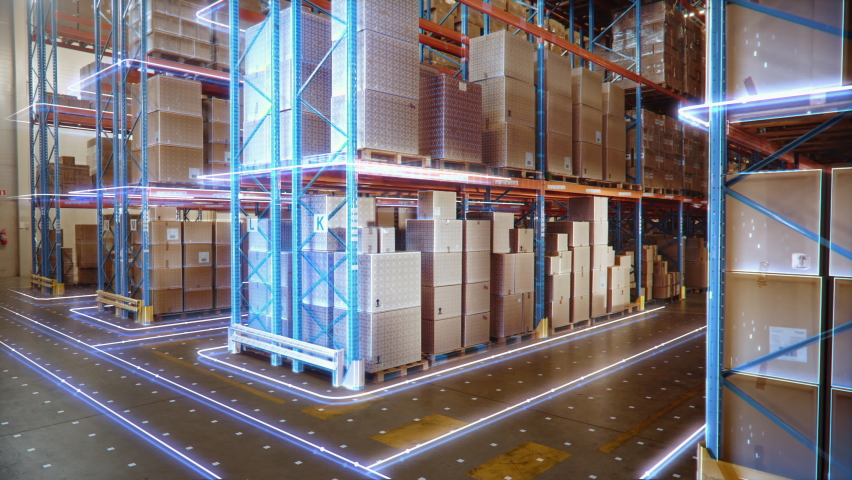 Futuristic Technology Retail Warehouse: Digitalization and Visualization of Industry 4.0 Process that Analyzes Goods, Cardboard Boxes, Products Delivery Infographics in Logistics, Distribution Center - Powered by Shutterstock - Get 15% off with code: PIKWIZARD15