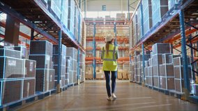 Futuristic Technology Retail Warehouse: Worker Doing Inventory Walks when Digitalization Process Analyzes Goods, Cardboard Boxes, Products with Delivery Infographics in Logistics, Distribution Center - Powered by Shutterstock - Get 15% off with code: PIKWIZARD15