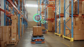 Future Technology 3D Concept: Automated Modern Retail Warehouse AGV Robots Transporting Cardboard Boxes in Distribution Logistics Center. Automated Guided Vehicles Delivering Goods, Products, Packages - Powered by Shutterstock - Get 15% off with code: PIKWIZARD15