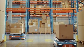 Future Technology 3D Concept: Automated Modern Retail Warehouse AGV Robots Transporting Cardboard Boxes in Distribution Logistics Center. Automated Guided Vehicles Delivering Goods, Products, Packages - Powered by Shutterstock - Get 15% off with code: PIKWIZARD15
