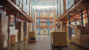 Future Technology 3D Concept: Automated Modern Retail Warehouse AGV Robots Transporting Cardboard Boxes in Distribution Logistics Center. Automated Guided Vehicles Delivering Goods, Products, Packages - Powered by Shutterstock - Get 15% off with code: PIKWIZARD15