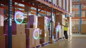 Futuristic Technology Retail Warehouse: Worker Starts Inventory Digitalization with Barcode Scanner Analyzes Goods, Cardboard Boxes, Products. Delivery Infographics in Logistics, Distribution Center - Powered by Shutterstock - Get 15% off with code: PIKWIZARD15