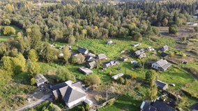Settlement Begunitsy village aerial video on a bright sunny autumn day. 