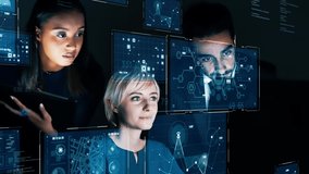 Group of businessperson watching hologram screens. GUI (Graphical User Interface). - Powered by Shutterstock - Get 15% off with code: PIKWIZARD15