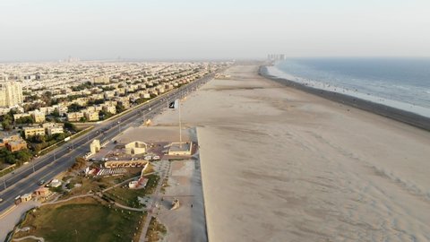 karachi pakistan 2020, 4k aerial view of pakstan flag at nishan-e-pakistan seaview, landmark of karaachi