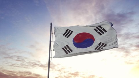 South Korea flag waving in the wind, dramatic sky background. 4K
