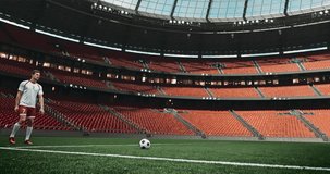 4k dynamic shot of soccer game moment on empty professional stadium made in 3d with no spectators. Sunny weather.