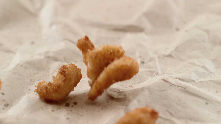 Fried shrimp falling in slow motion. Shot with Phantom Flex 4K camera.