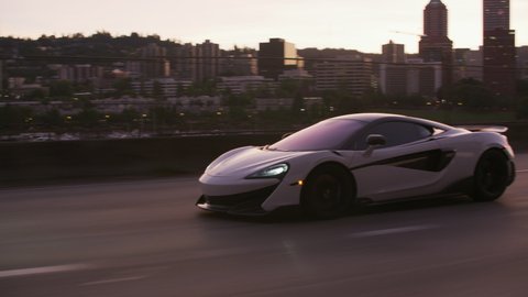 Portland, Oregon circa-2020: McLaren exotic sports car driving on street
