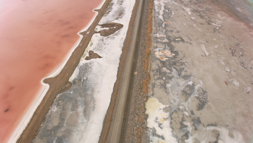 Utah circa-2019. Aerial view of Great Salt Lake, Utah. Shot from helicopter with Cineflex gimbal and RED 8K camera.
