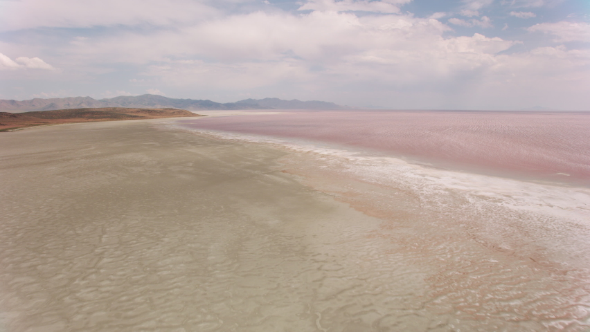 Utah circa-2019. Aerial view of Great Salt Lake, Utah. Shot from helicopter with Cineflex gimbal and RED 8K camera.