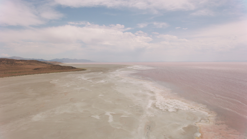 Utah circa-2019. Aerial view of Great Salt Lake, Utah. Shot from helicopter with Cineflex gimbal and RED 8K camera.