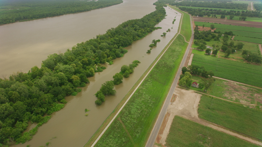 Louisiana circa-2019. Aerial view of flooded Mississippi River. Shot from helicopter with Cineflex gimbal and RED 8K camera.