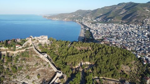 Aerial view of Alanya Castle - Alanya Kalesi. Turkey. Slow motion