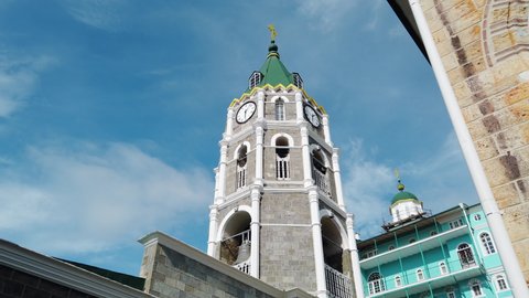Clock bell tower at Russian St. Pantaleon Orthodox monastery at Mount Athos