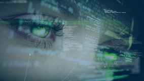 Animation of globe with network of connections data processing against woman's eye. global technology connection digital interface concept digitally generated image. - Powered by Shutterstock - Get 15% off with code: PIKWIZARD15