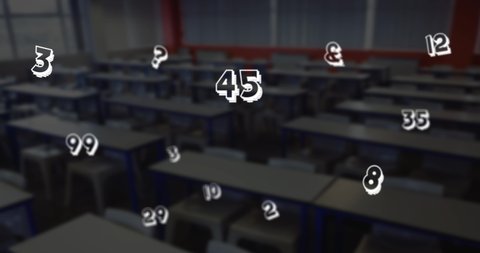 Digital composition of multiple mathematical numbers moving against empty classroom in bakground. school and education concept