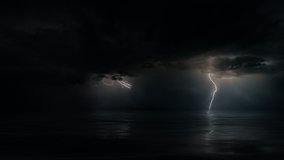 Dark mysterious monsoon cyclone storm clouds and multiple bolts of lightning. Tranquil eye of the storm above tropical Ocean at night. Looped conceptual establishing shot of powerful hurricane weather - Powered by Shutterstock - Get 15% off with code: PIKWIZARD15