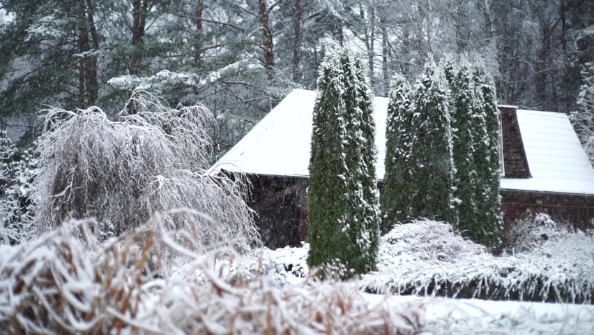beautiful snow landscape house in the forest
