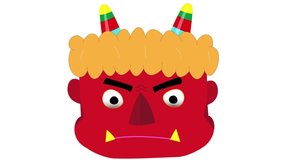 A red demon is crying when a bean hits his face at a traditional Japanese event. The meaning of the Japanese text is that demons are outside and happiness is inside.