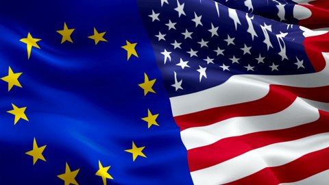 USA and European Union Flag Wave Loop waving in wind. Realistic United States vs Europe Flag background. USA Europe Flag Looping Closeup. Video of Euro sign waving. US and European Union flag Slow