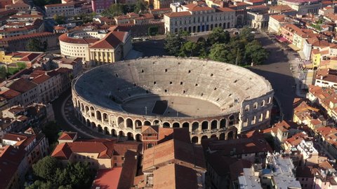 The historical part of the city of Verona. Aerial view of Verona city center, Italy. City panoramic landscape. Aerial drone panoramic video from iconic city of Verona. 