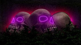 Three skulls lie in the grass against the background of an abandoned building. 3D Rendering. Deep pink and vibrant purples make this a great abstract background. 4K Video footage. Light skulls.