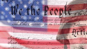 Digital composite video of us constitution text against waving us flag and american soldier. american democracy concept - Powered by Shutterstock - Get 15% off with code: PIKWIZARD15