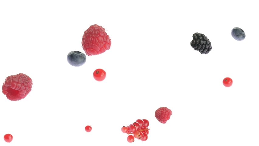 Berries mix flying, falling and floating in the air, isolated on white background. Variety of forest berry: raspberries, blueberries, blackberries and red currants. Slow motion video 4k. Juicy fruit. | Shutterstock HD Video #1065530602
