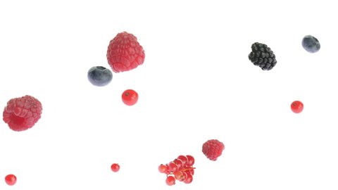 Berries mix flying, falling and floating in the air, isolated on white background. Variety of forest berry: raspberries, blueberries, blackberries and red currants. Slow motion video 4k. Juicy fruit.
