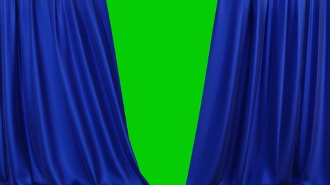 A realistic blue fabric curtain with pleats opens on a green screen. Theater curtain. 4K 3D animation