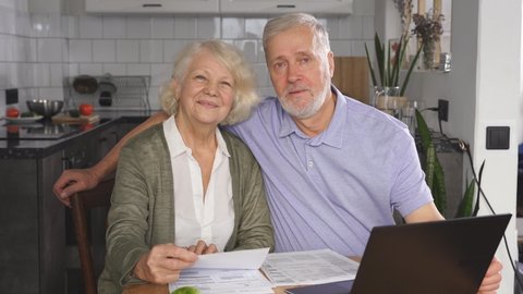 portrait of a happy married elderly couple sitting at a desk and laptop. A husband and wife of retirement age check internal accounts, plan financial expenses, pay online bills while sitting at home.