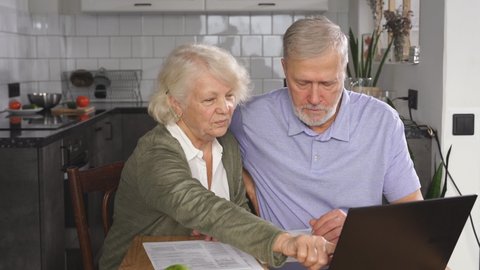 cute elderly couple of retirement age sitting at a table and laptop checks and pays utility bills.