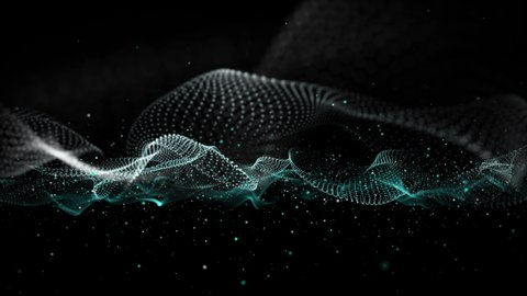 Futuristic video animation with wave object and glitter particles in slow motion, 4096x2304 loop 4K