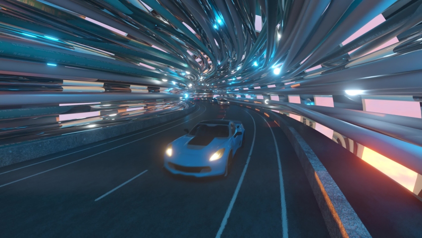 The movement of cars on a futuristic bridge with fiber optic. Future technologies concept. Business background. Pleasant natural light. Seamless loop 3d render | Shutterstock HD Video #1065552169