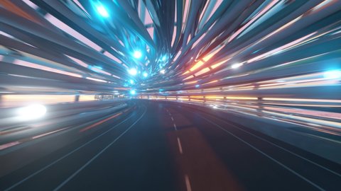 Flying in a futuristic fiber optic tunnel with a road. Future technologies concept. Business background. Pleasant natural lighting. Seamless loop 3d render