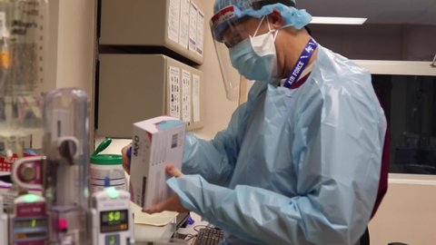 CIRCA 2020 U.S. Air Force physician provides COVID-19 pandemic civilian care at University Medical Center in El Paso, Texas.