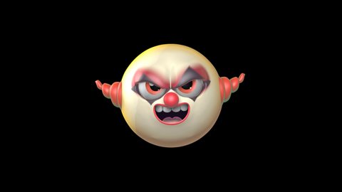 Angry Clown Face 3D Animated Emoji. HD Smiley Emotion Icon Animation on Transparent Background. 3D Emoticon Motion Design Video.