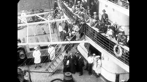 CIRCA 1915 - Passengers stand on board every deck of the RMS Lusitania.