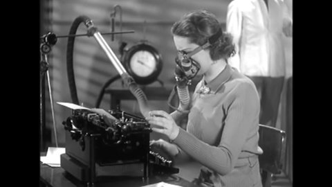 CIRCA 1930s - A woman's breath is analyzed and her efficiency in typing tested by different variables in 1937.