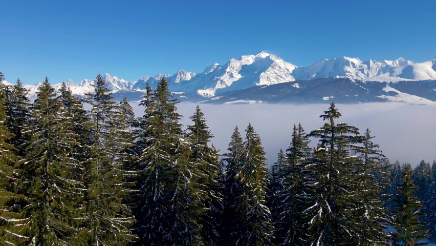 Mont Blanc mountain revealed behind fir tree forest with snow covered white winter alpine landscape viewed from Megève,  4k aerial video footage from drone near Chamonix, France | Shutterstock HD Video #1065562255