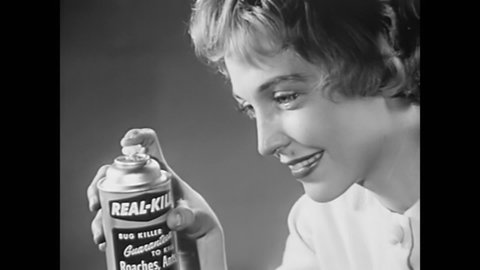 CIRCA 1960s - A woman in a 1964 TV commercial for bug spray has trouble getting the product to work.