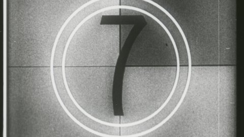 Universal Countdown Leader, Picture Start. Black and White Countdown from 8 to 2. Vintage Countdown Clock. 4K Overscan of Archival 16mm Film Print