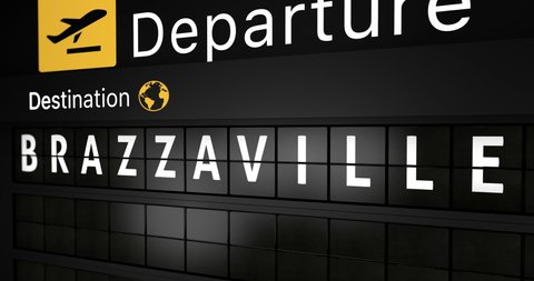 3D generated animation, analog flight information display board with the arrival city of Brazzaville, 4 different animations