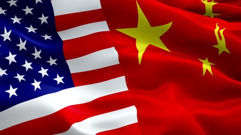 USA and China Flag Wave Loop waving in wind. Realistic United States and Chinese Flag background. USA Chinese Flag Looping Closeup. Video of american sign waving. American and China flag Slow Motion 